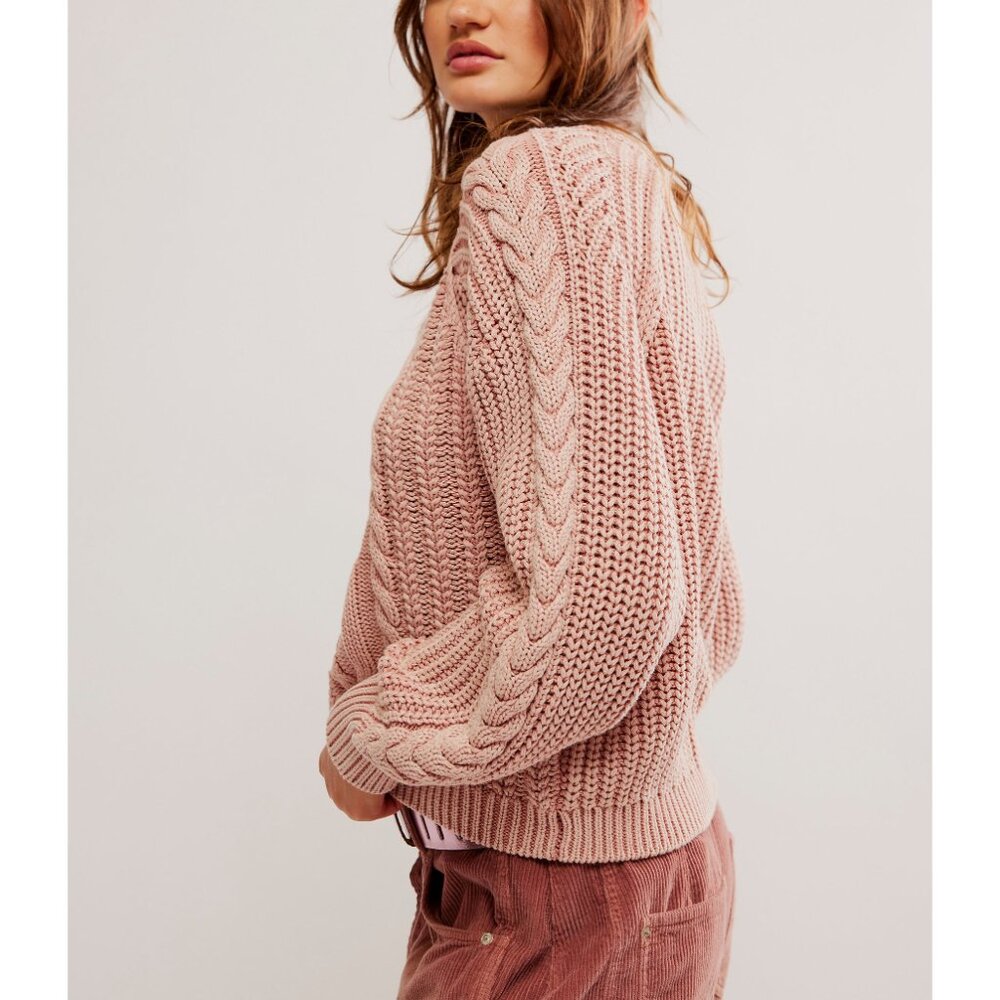FREE PEOPLE Frankie Cable Knit Cotton Sweater / Misty Rose - Picture 2 of 6